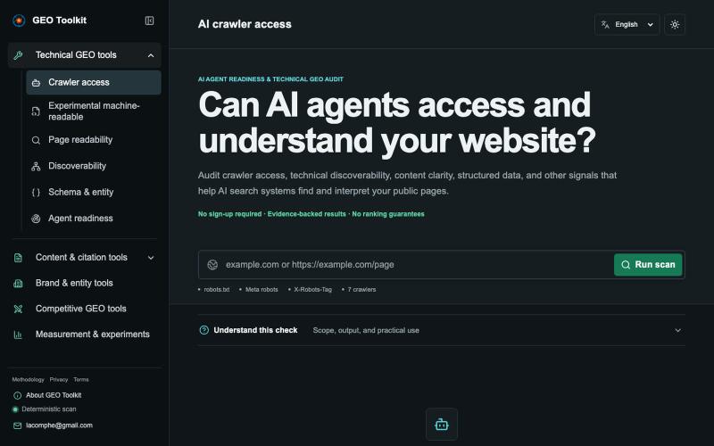 AI Agent Readiness & Technical GEO Audit | Lacomfe — screenshot
