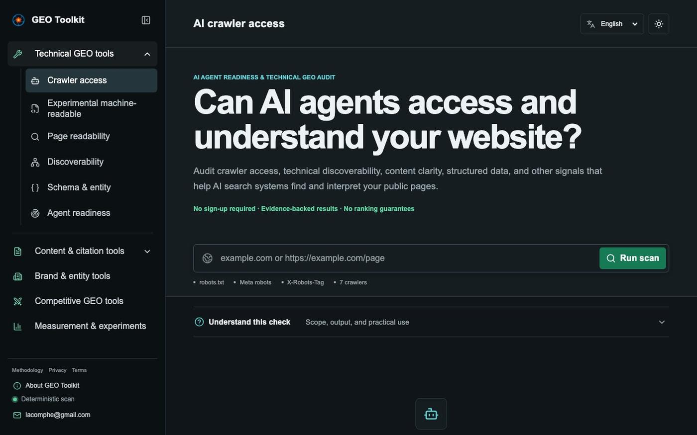 AI Agent Readiness & Technical GEO Audit | Lacomfe — screenshot