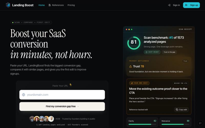 LandingBoost – AI Landing Page Audit Tool with Revenue-Backed Benchmarks — screenshot