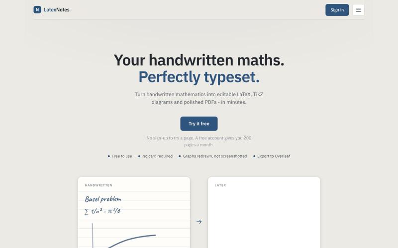 LatexNotes: handwritten maths, perfectly typeset in LaTeX — screenshot