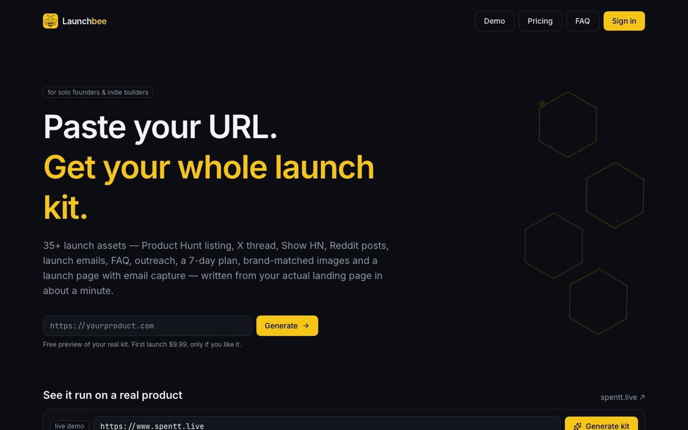 Launchbee — paste a URL, get your whole launch kit — screenshot