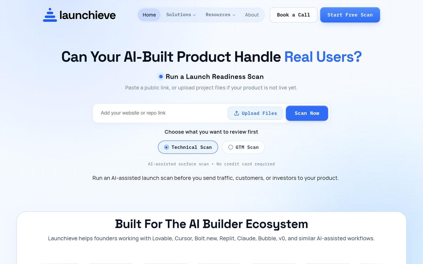 Free AI-Assisted Launch Scan for AI-Built Products | Launchieve — screenshot