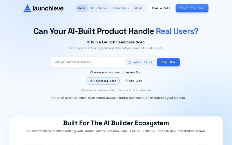 Free AI-Assisted Launch Scan for AI-Built Products | Launchieve — screenshot