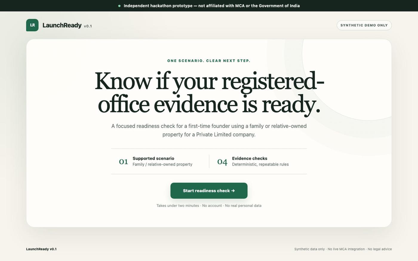 LaunchReady v0.1 | Registered-office readiness — screenshot