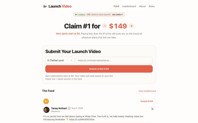 Launch Video — Bid to feature your product launch video — screenshot