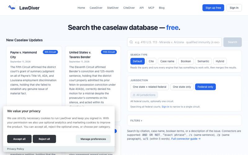 Free Caselaw Search — A Free Alternative to Westlaw — screenshot