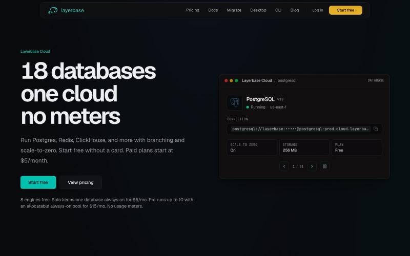 Serverless and Managed Databases for 18 Engines | Layerbase — screenshot