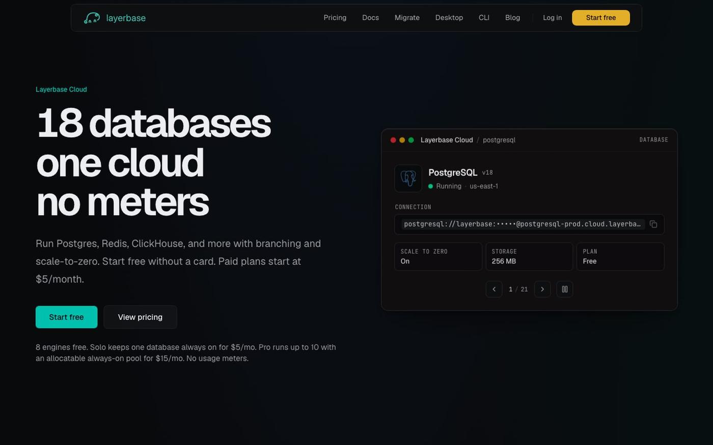 Serverless and Managed Databases for 18 Engines | Layerbase — screenshot