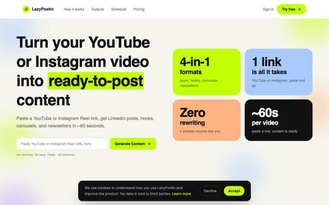 LazyPostin | YouTube to LinkedIn Repurposing in 60s — screenshot