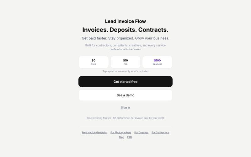 Lead Invoice Flow — Free Invoicing, Deposits & Contracts for Service Businesses — screenshot
