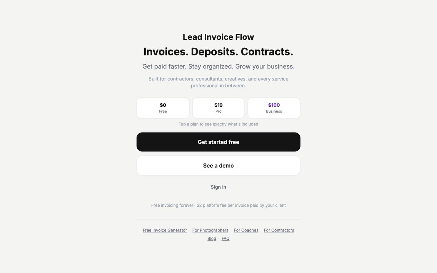 Lead Invoice Flow — Free Invoicing, Deposits & Contracts for Service Businesses — screenshot