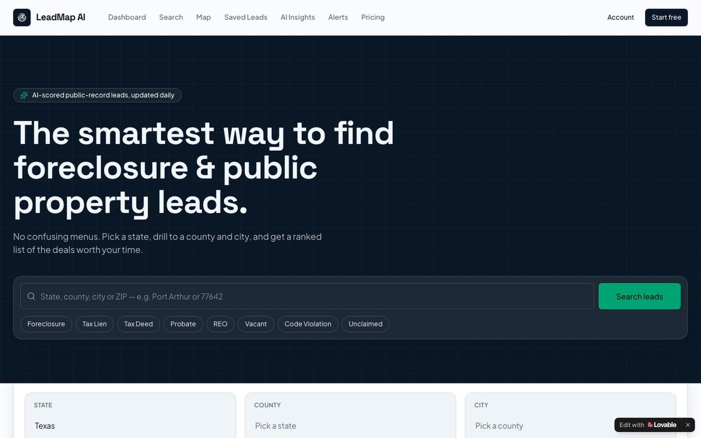 LeadMap AI — Foreclosure & Public Property Leads — screenshot