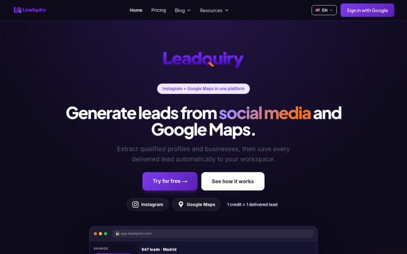 Generador de leads de Instagram y Google Maps | Leadquiry — screenshot
