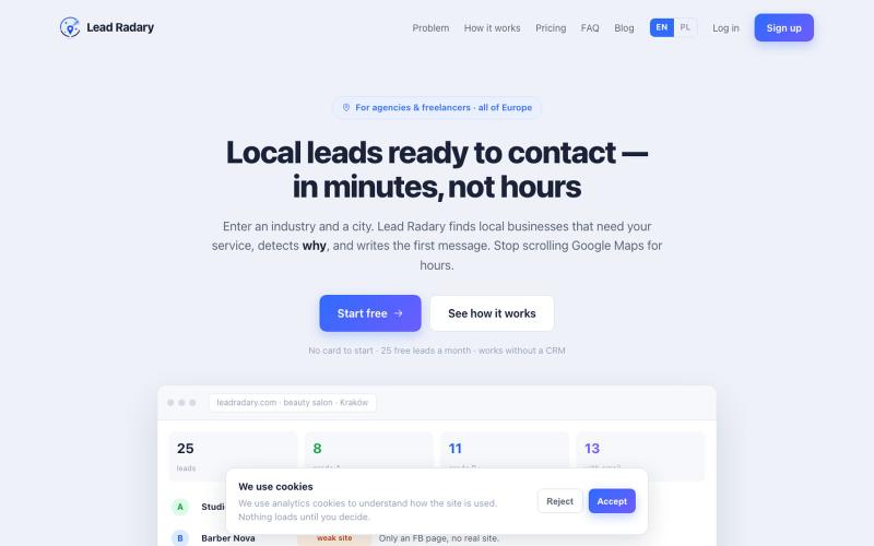 Lead Radary — local lead generation for agencies, with a ready message · Lead Ra — screenshot
