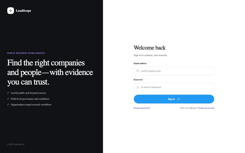 LeadScope AI — Business intelligence search — screenshot