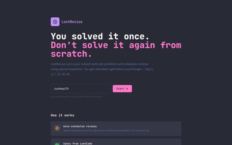 LeetRevise — Spaced Repetition for LeetCode — screenshot