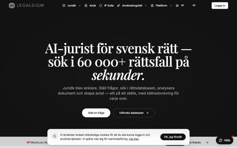 AI-jurist online | Svensk juridisk AI med 56 000+ rättsfall – LEGALDIGM — screenshot