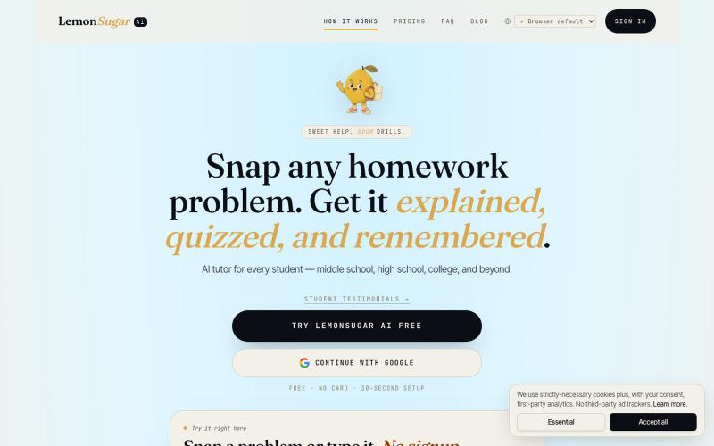 LemonSugar Ai — Snap any homework problem. Get it explained, quizzed, and rememb — screenshot