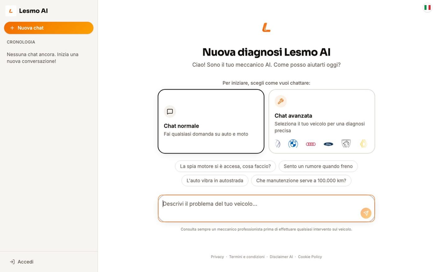 Meccanico AI gratis: diagnosi auto e moto in chat — Lesmo AI — screenshot