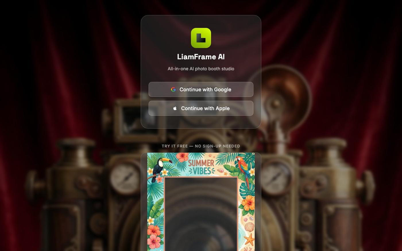 LiamFrame AI — AI Photobooth Frames & Event Galleries — screenshot