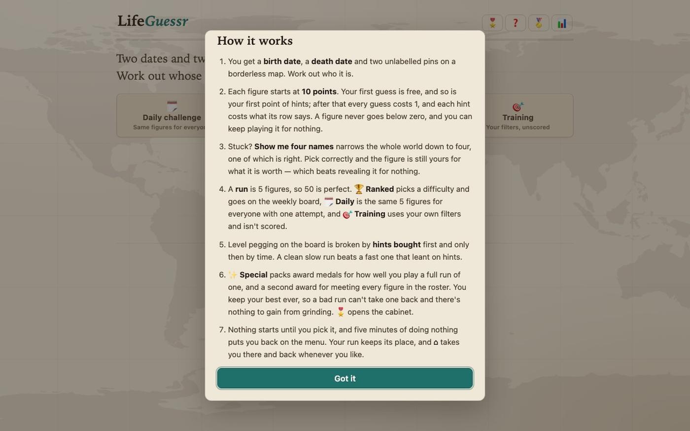 LifeGuessr — guess the historical figure from a map — screenshot