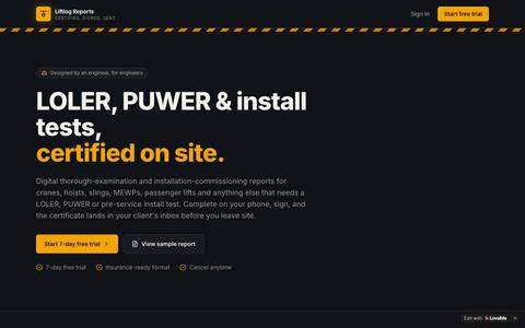 Liftlog Reports — LOLER & PUWER inspection reports — screenshot