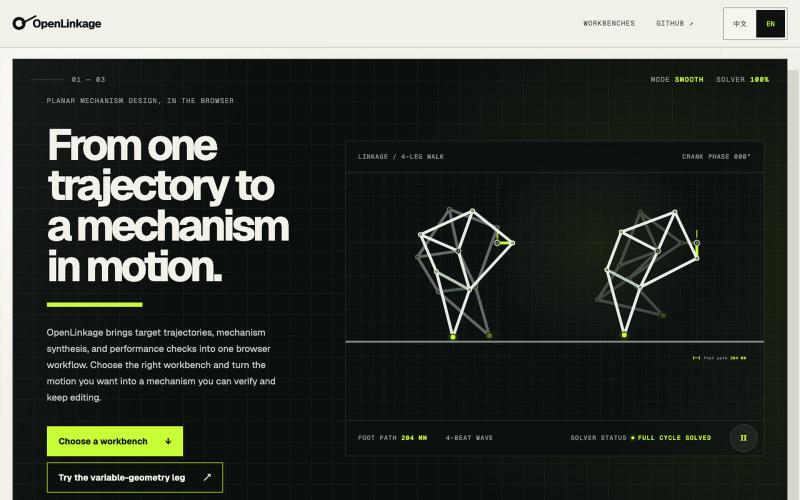 OpenLinkage · Planar Mechanism Design — screenshot