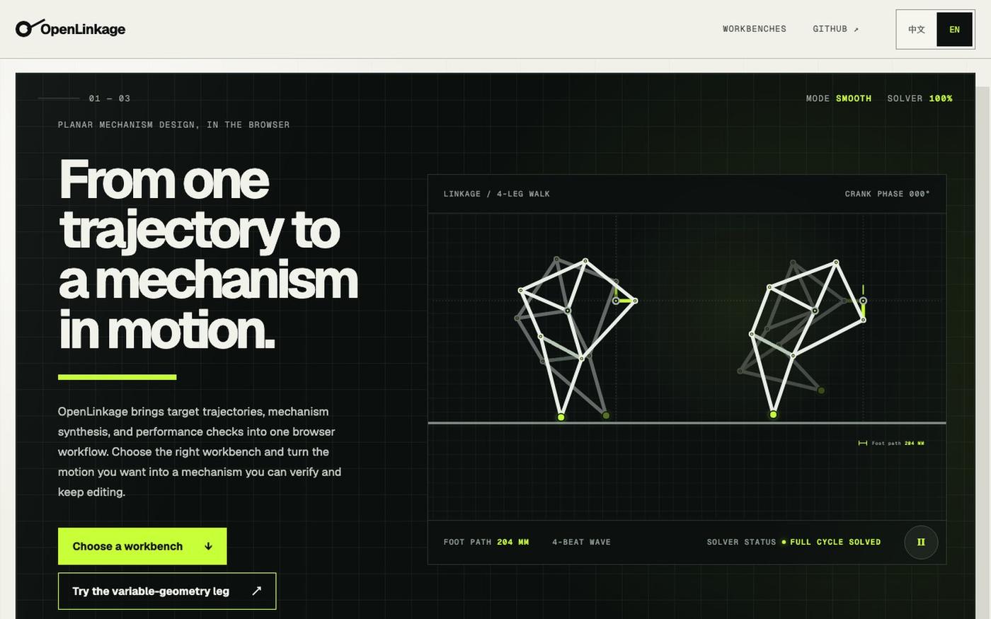 OpenLinkage · Planar Mechanism Design — screenshot