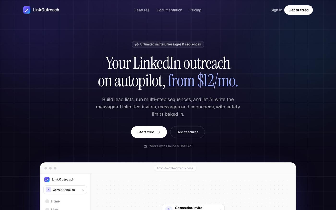 LinkOutreach · LinkedIn outreach, kept simple — screenshot