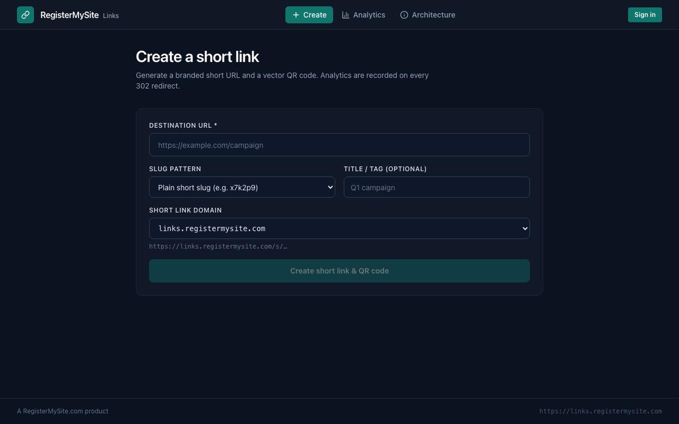 RegisterMySite Links — Short links, QR codes, and analytics — screenshot