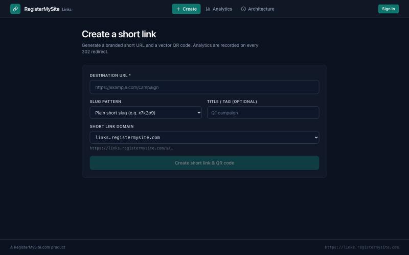 RegisterMySite Links — Short links, QR codes, and analytics — screenshot