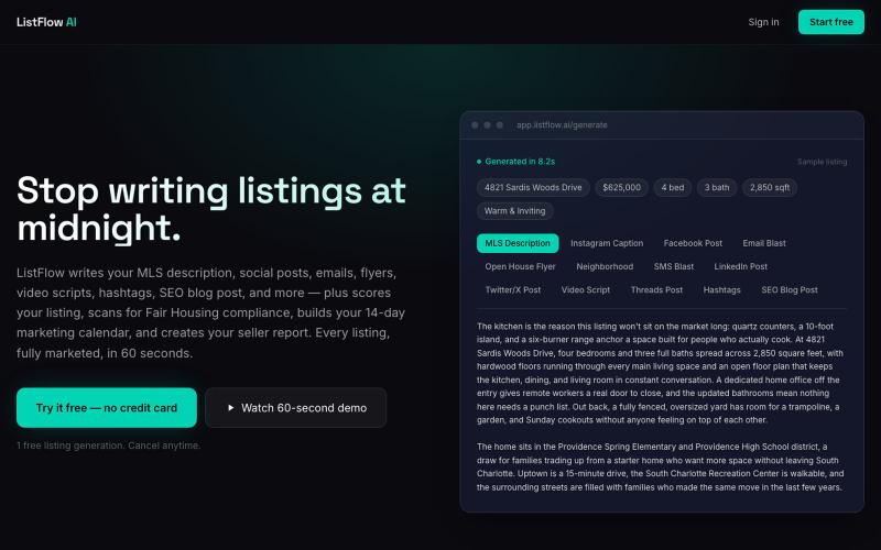 ListFlow AI — Every listing. Fully marketed. In 60 seconds. — screenshot