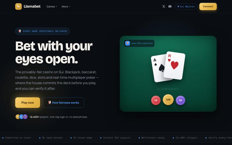 Llamabet — Provably-Fair Crypto Casino on Sui — screenshot