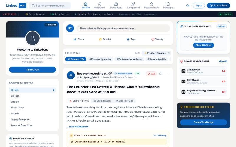 LinkedOut | The Anti-LinkedIn: Real Reasons People Quit — screenshot