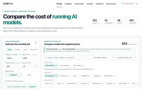 LLM API Pricing Calculator: Compare 400+ Model Prices | LLMPrice — screenshot