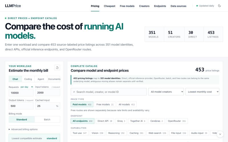 LLM API Pricing Calculator: Compare 400+ Model Prices | LLMPrice — screenshot