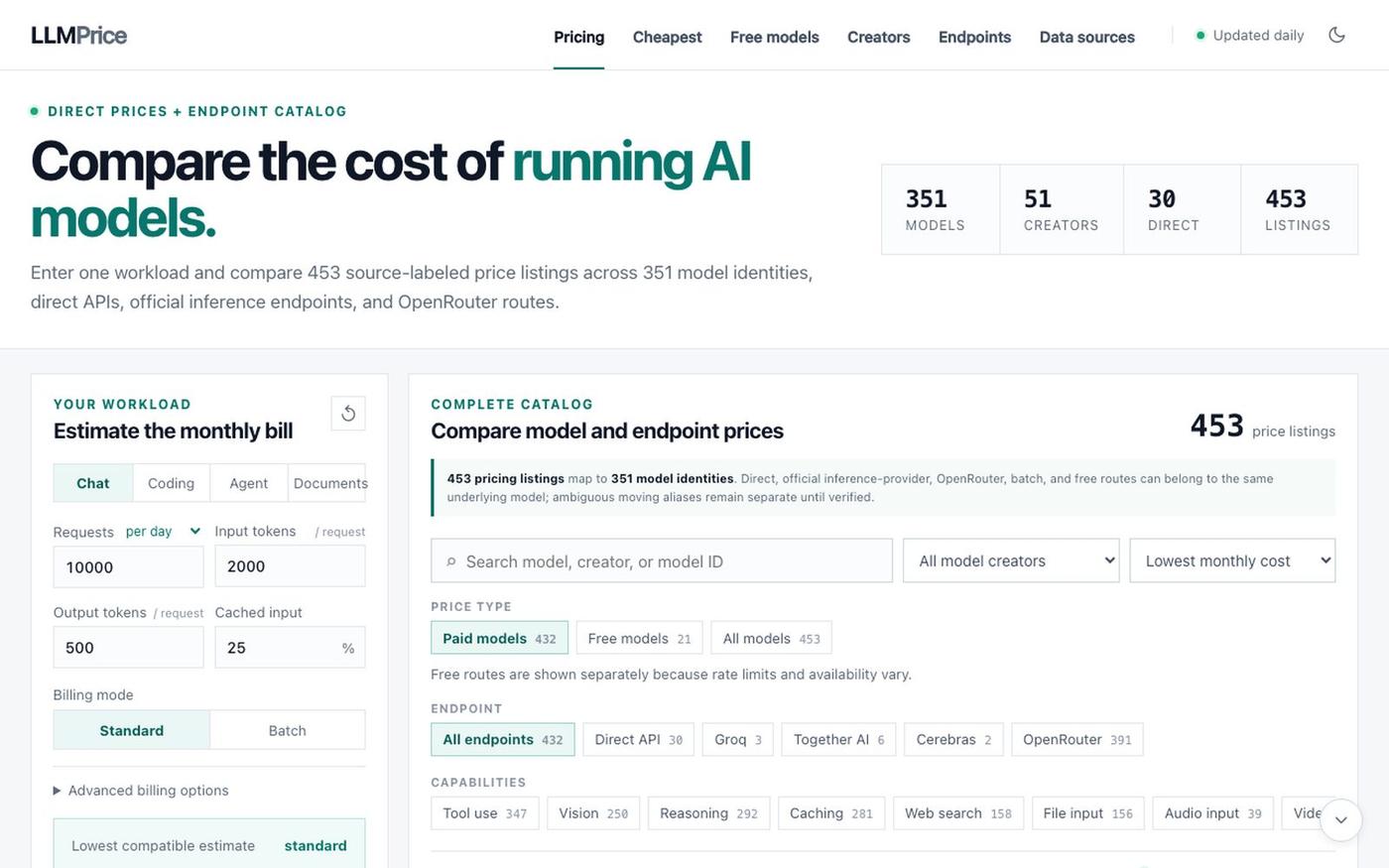 LLM API Pricing Calculator: Compare 400+ Model Prices | LLMPrice — screenshot