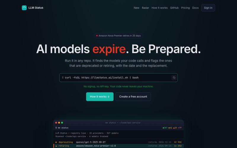 LLM Status — AI model deprecation tracker & CLI checker — screenshot