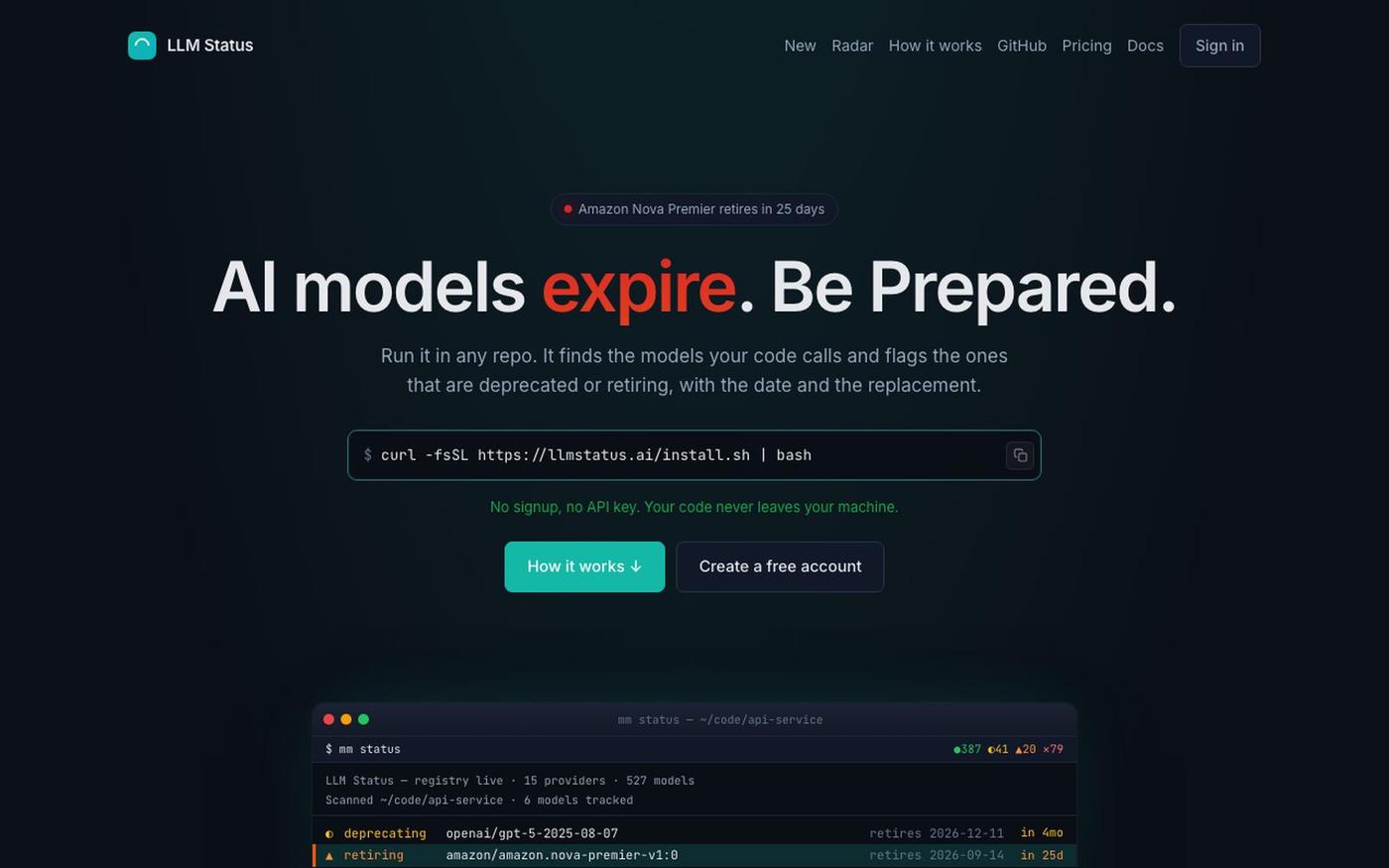 LLM Status — AI model deprecation tracker & CLI checker — screenshot