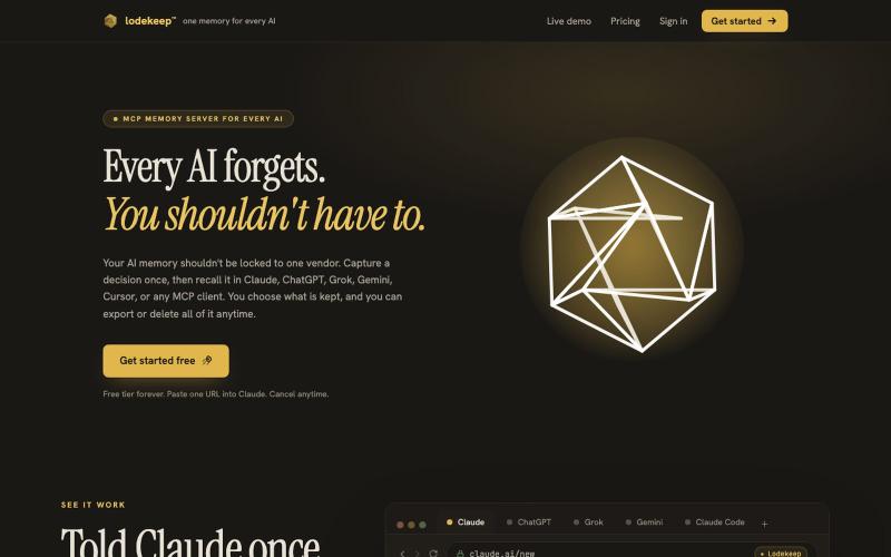 Lodekeep · one memory for every AI — screenshot