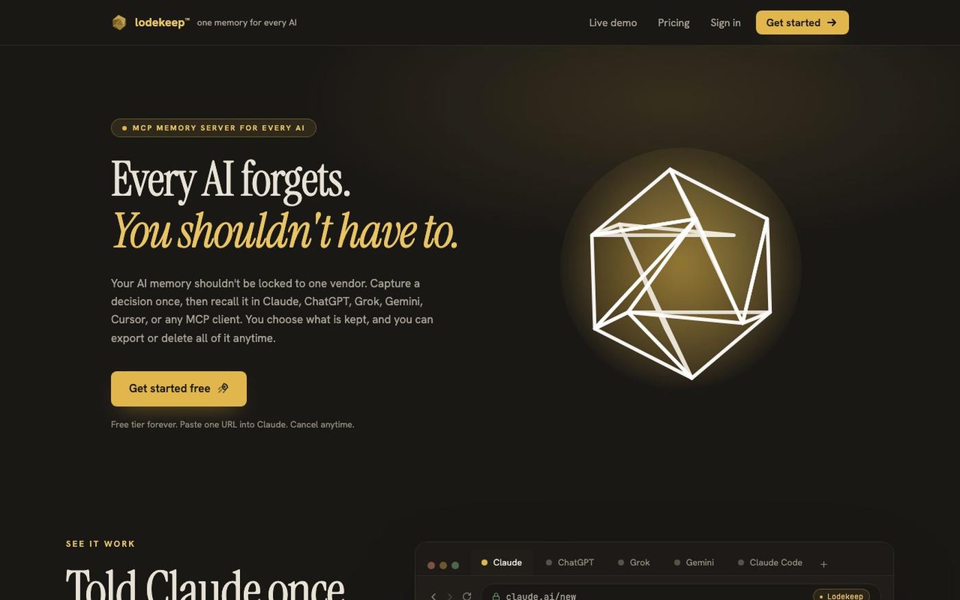 Lodekeep · one memory for every AI — screenshot