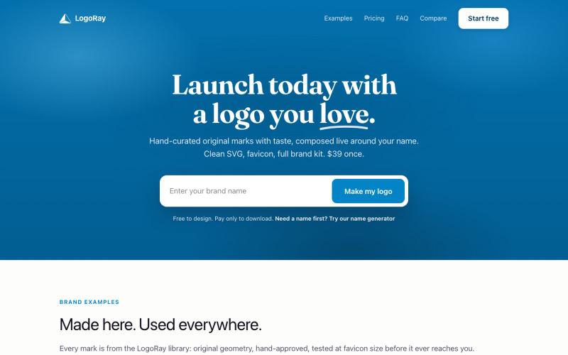 LogoRay: a real logo, a clean SVG, a full brand kit. $39 once. — screenshot