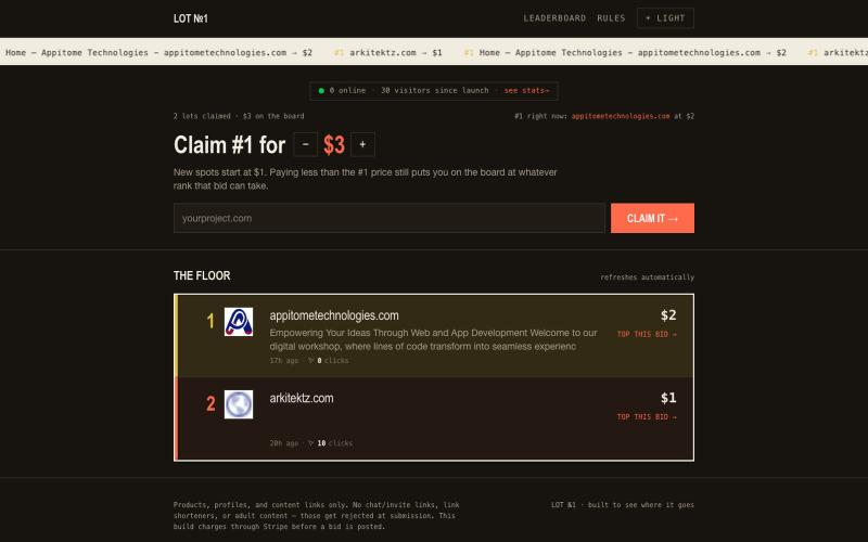 LOT №1 — the leaderboard you buy your way onto — screenshot