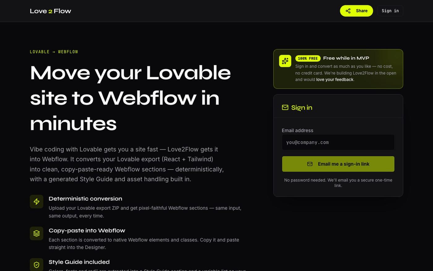 Love2Flow — Convert Lovable to Webflow | Vibe Coding to Webflow — screenshot