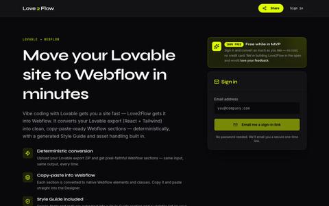 Love2Flow — Convert Lovable to Webflow | Vibe Coding to Webflow — screenshot