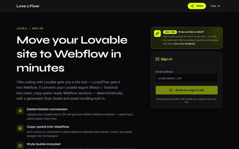 Love2Flow — Convert Lovable to Webflow | Vibe Coding to Webflow — screenshot