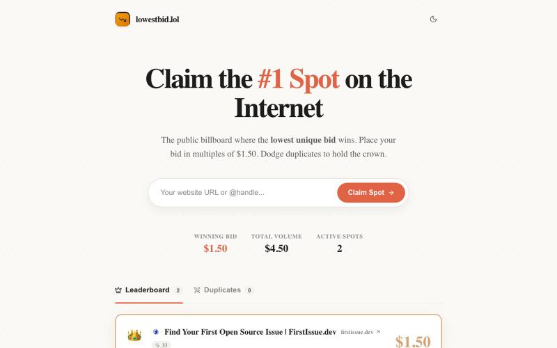 lowestbid.lol — The Anti-Outbid Billboard Leaderboard — screenshot