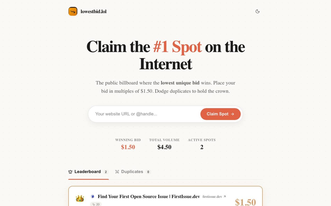lowestbid.lol — The Anti-Outbid Billboard Leaderboard — screenshot