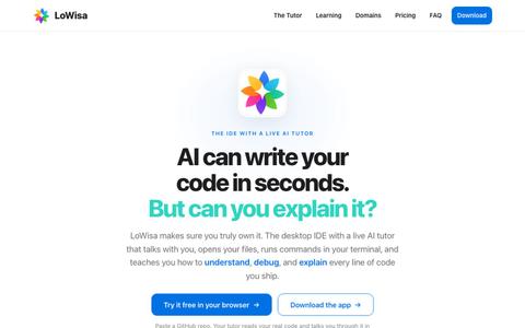 LoWisa: the IDE with a live AI tutor that teaches you to own your code — screenshot