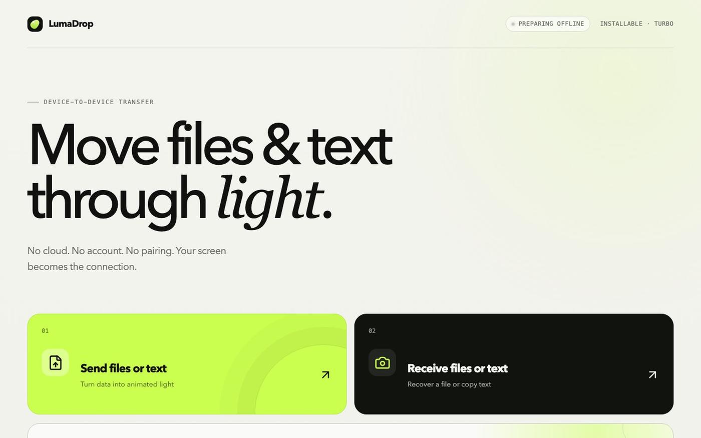 LumaDrop — files and text through light — screenshot